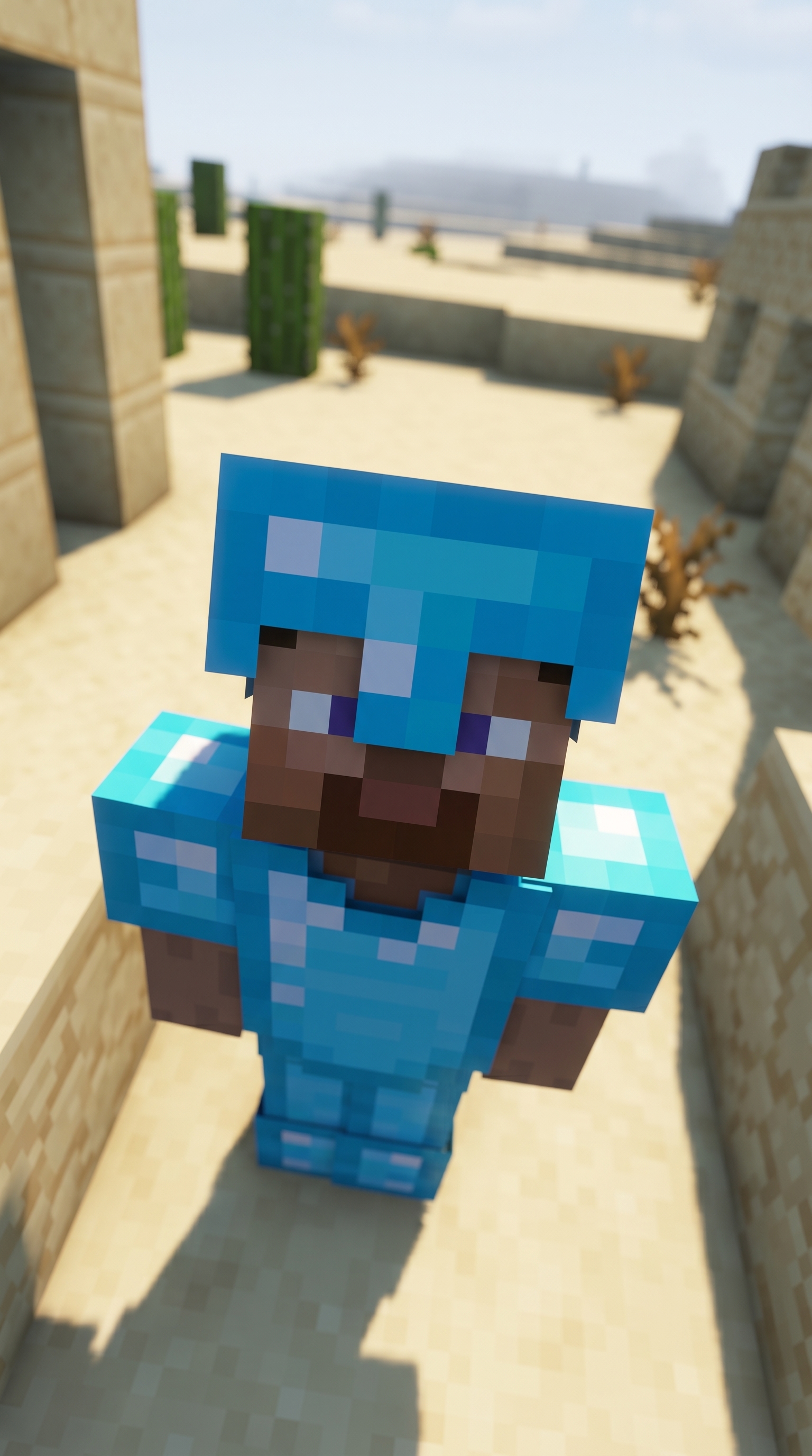 A lone Minecraft player in full diamond armor — skilled, equipped, but working alone