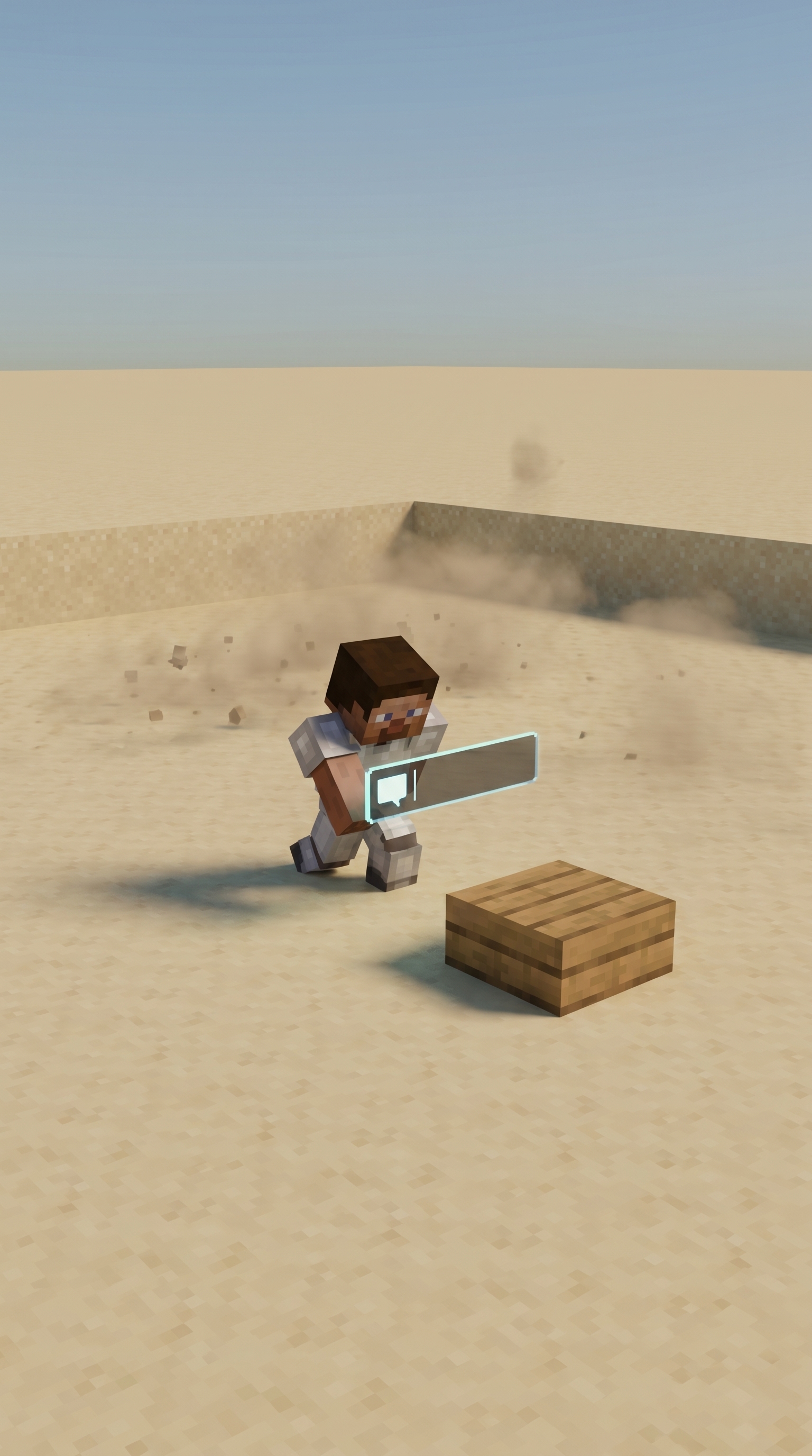 A Minecraft character wielding a glowing prompt-box as a sword — one question, one answer, repeat