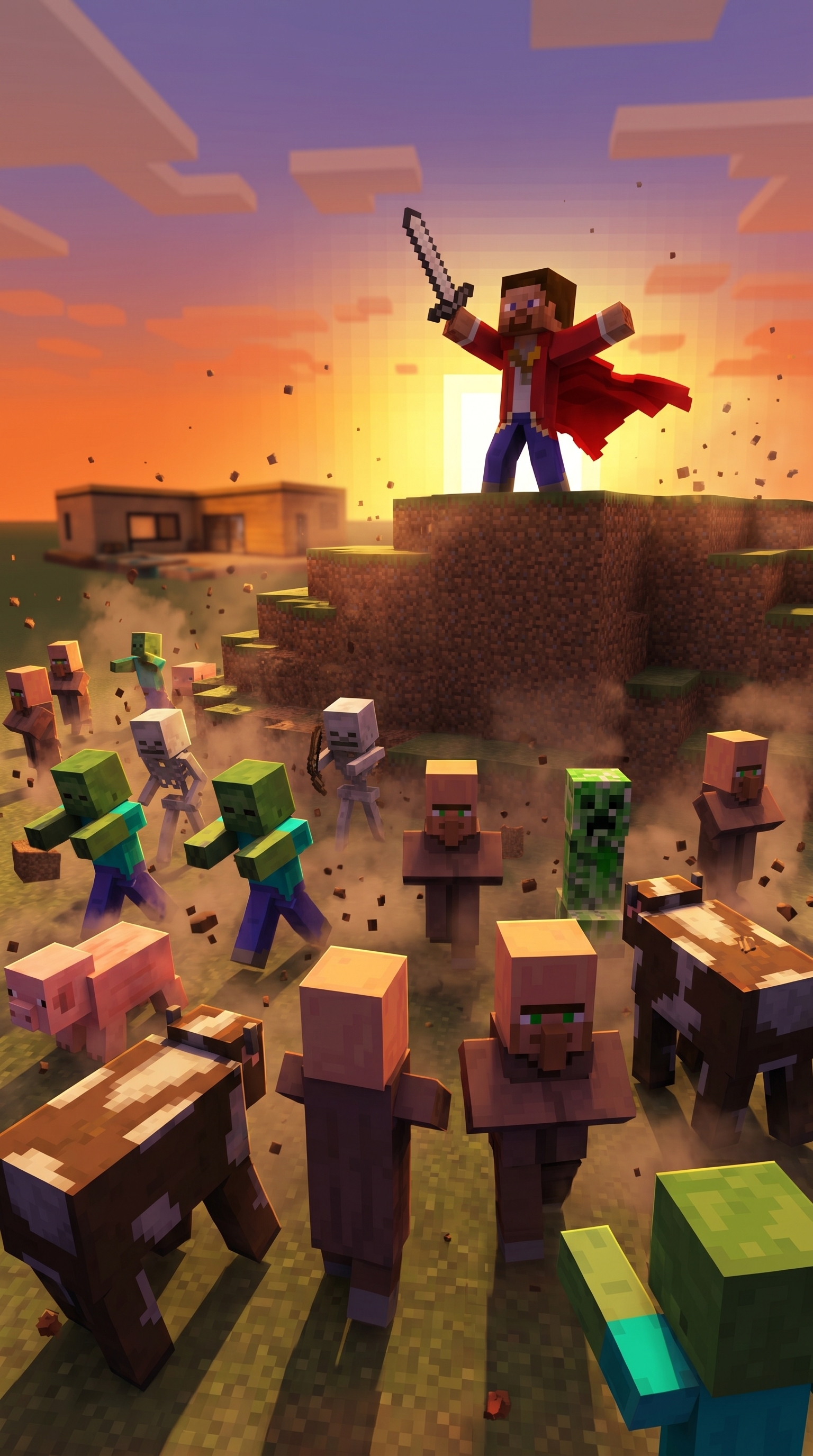 A commander stands at the edge of a cliff at sunset, with an army of players stretching out below