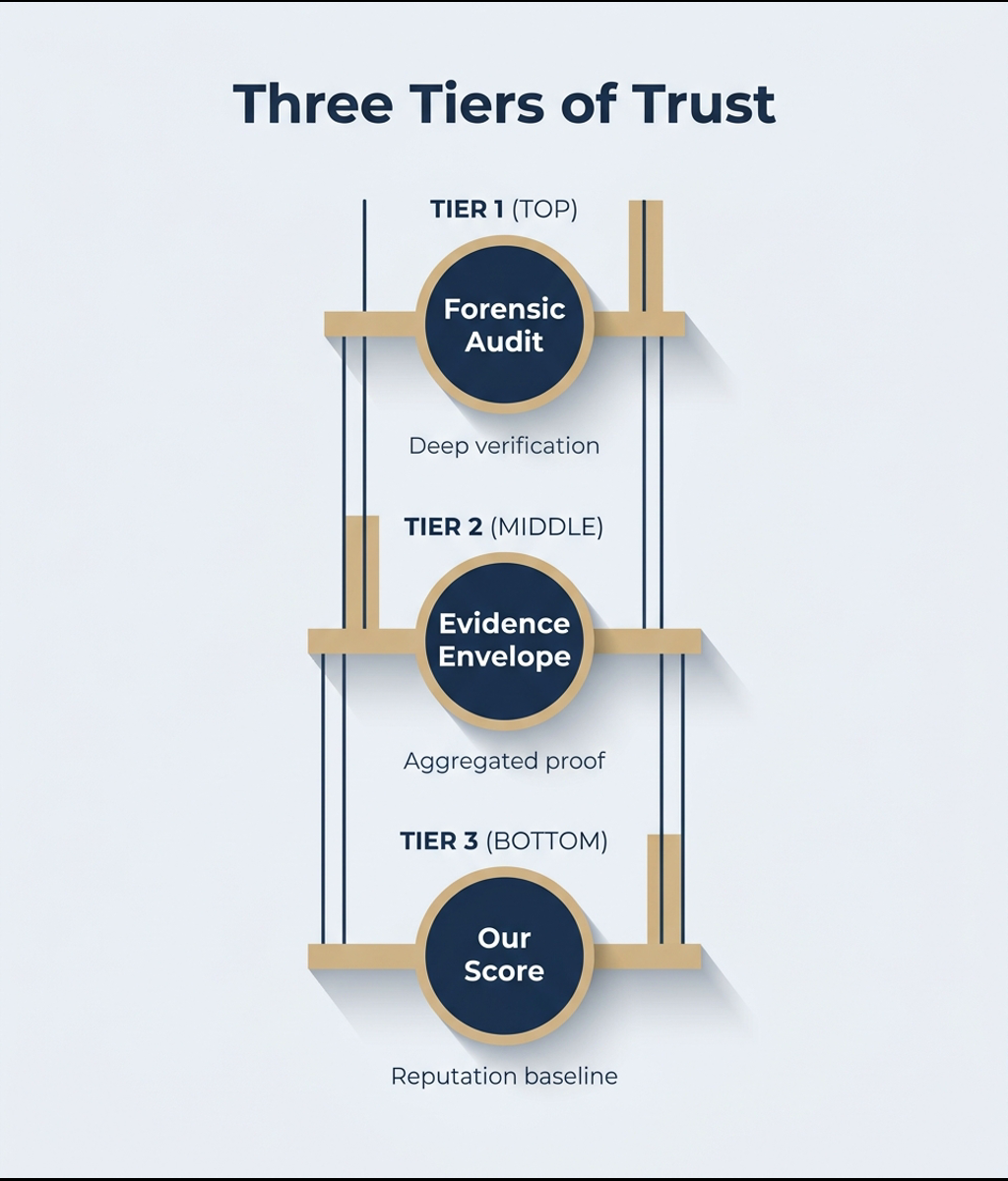 Three-tier trust ladder - Our Score, Evidence Envelope, Forensic Audit