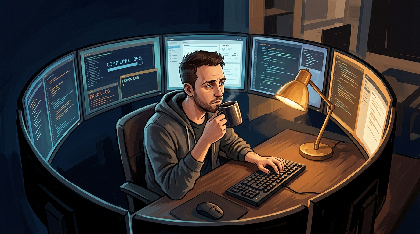 A developer surrounded by curved glowing screens in an illustrated early-morning enclosure, sustained effort and clear-eyed focus
