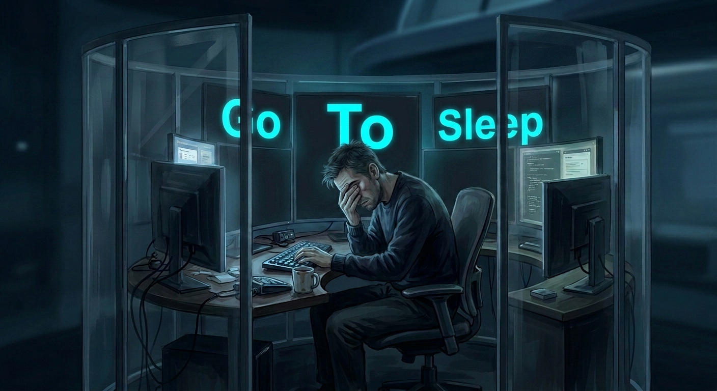 An exhausted developer, head in hand at a curved glass workstation, with "Go To Sleep" glowing cyan across the screens — the machine's message, finally visible
