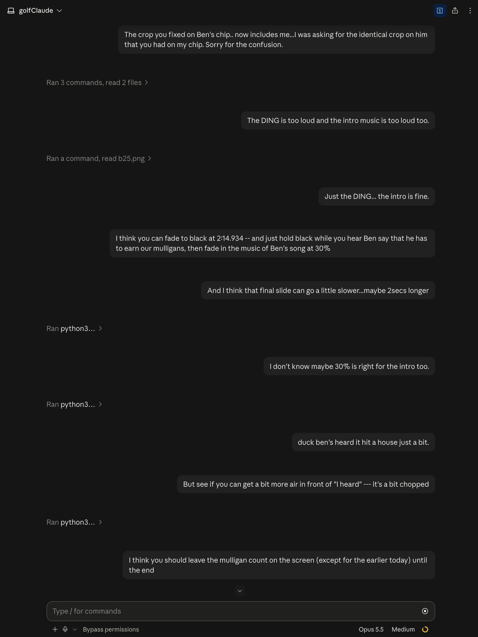 A Claude Code session where Brian gives golfClaude edit notes on the video