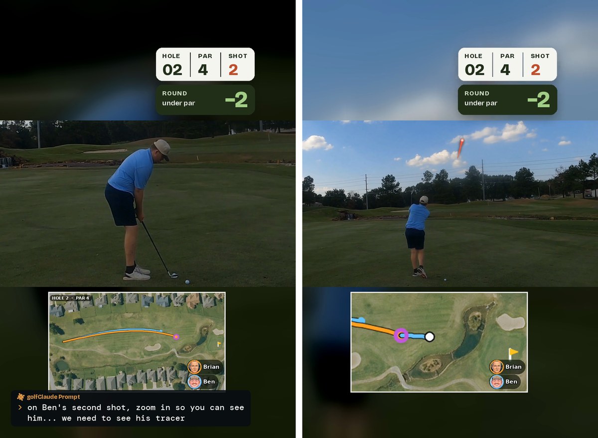 Ben's second shot: tight on the swing, then zoomed out with the red ball tracer
