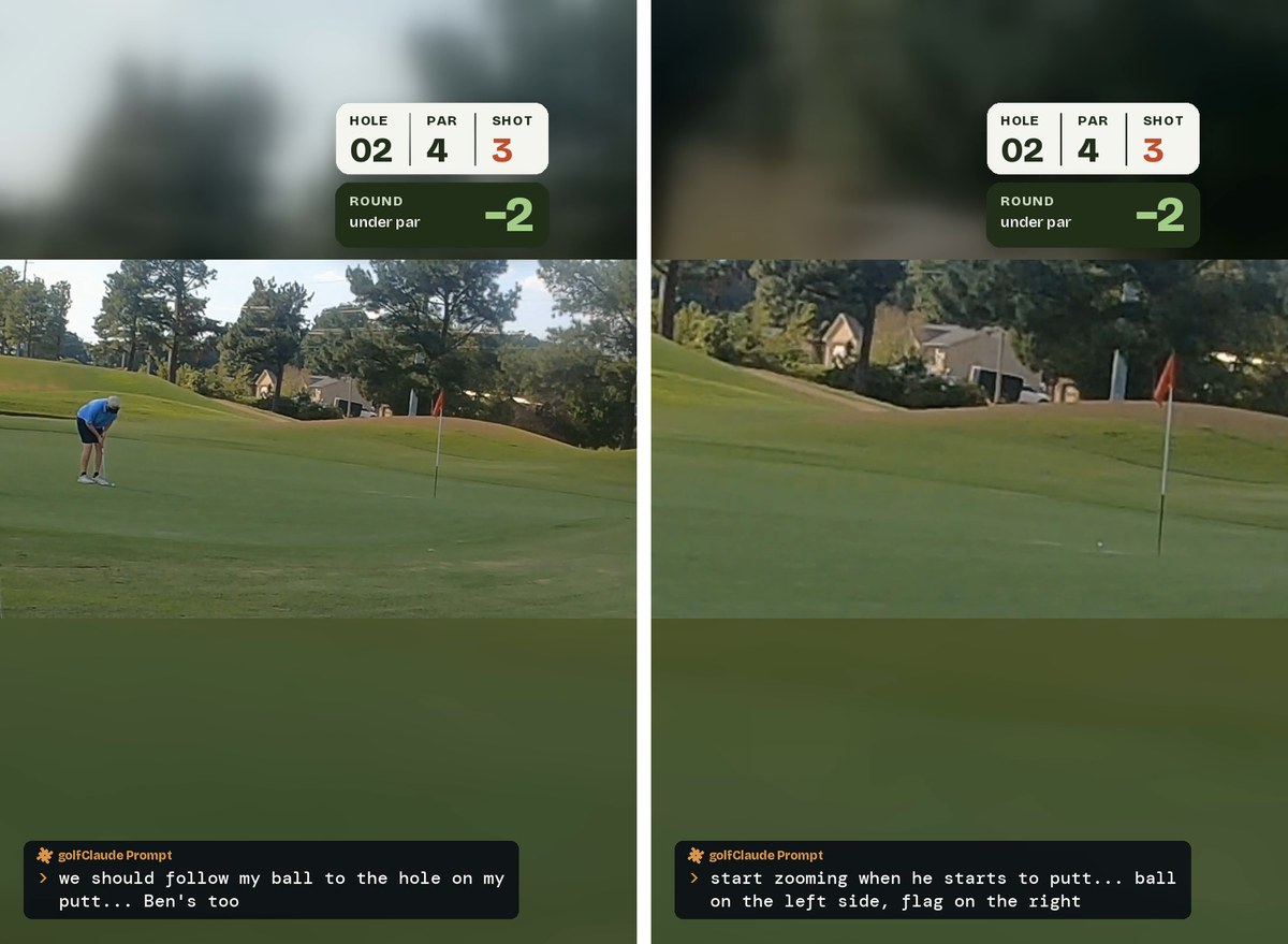 Hole 2 putt: the wide shot, then the camera following the ball to the flag, with the golfClaude Prompt card on screen